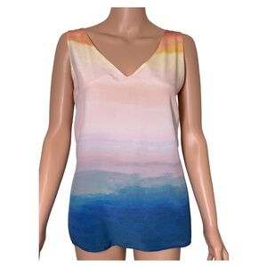 Ecru 100% Silk Ombre Sunset Tank Top Lace Up Back Blue Pink Size L